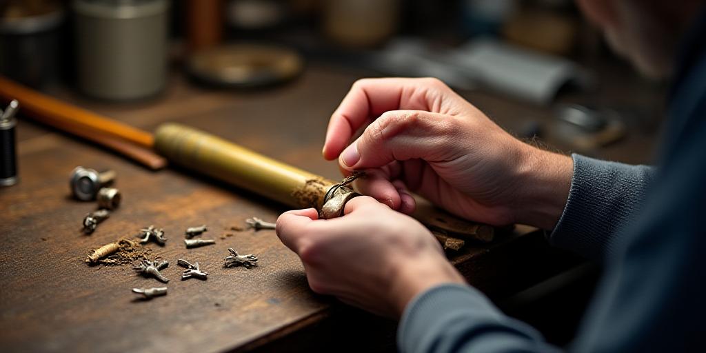 Technician carefully restoring a vintage bamboo fly rod in the Brooklyn workshop